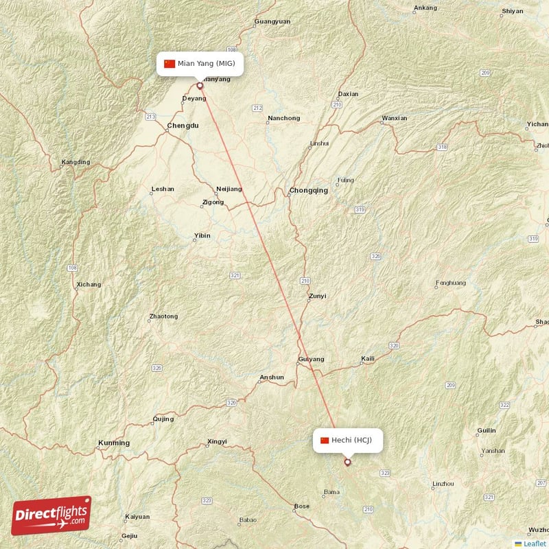 Direct Flights From Mian Yang To Hechi MIG To HCJ Non Stop