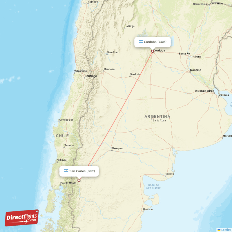 San Carlos de Bariloche - Cordoba direct flight map