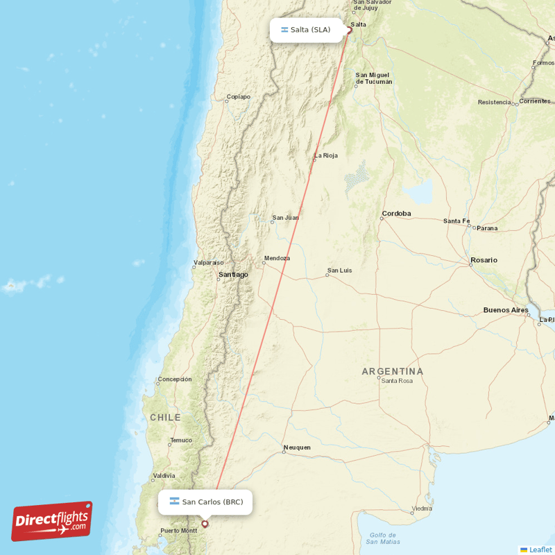 San Carlos de Bariloche - Salta direct flight map