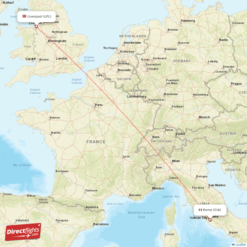 Rome - Liverpool direct flight map