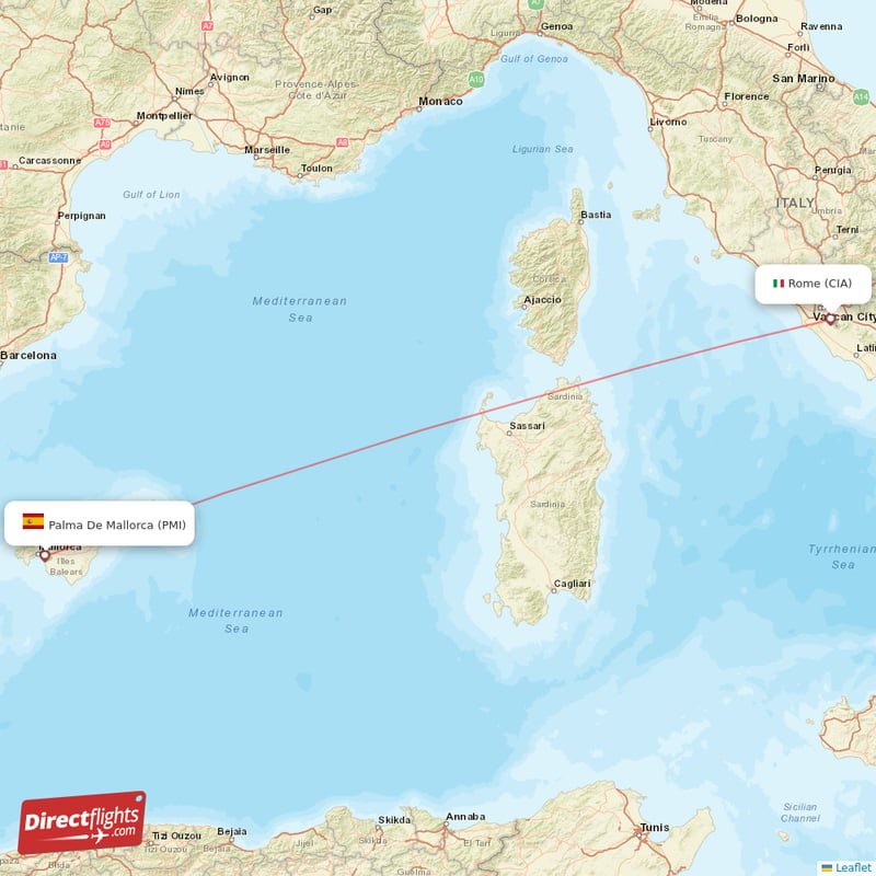 Rome - Palma de Mallorca direct flight map