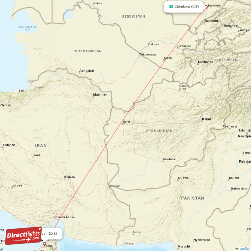 Shymkent - Dubai direct flight map