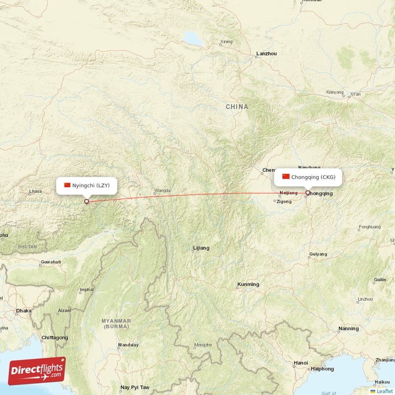 Chongqing - Nyingchi direct flight map