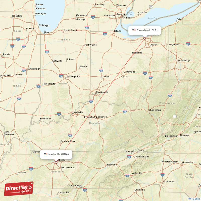 Cleveland - Nashville direct flight map