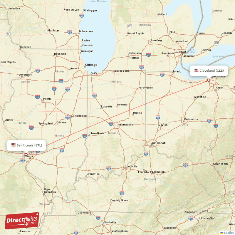 Cleveland - Saint Louis direct flight map