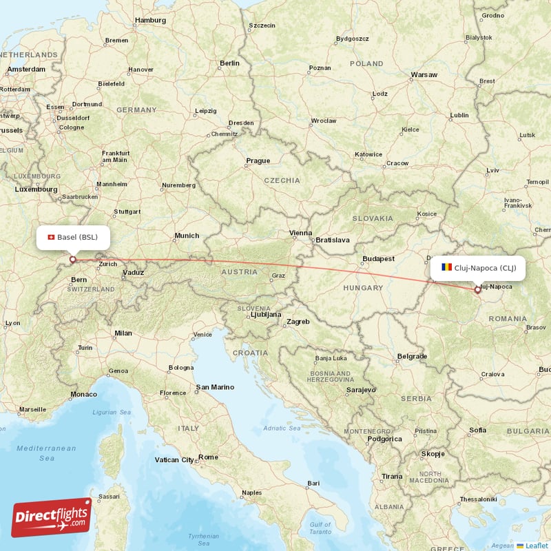 Cluj-Napoca - Basel, Switzerland/Mulhouse direct flight map