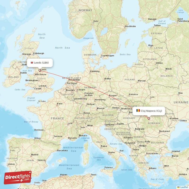 Cluj-Napoca - Leeds direct flight map
