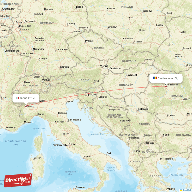 Cluj-Napoca - Turin direct flight map