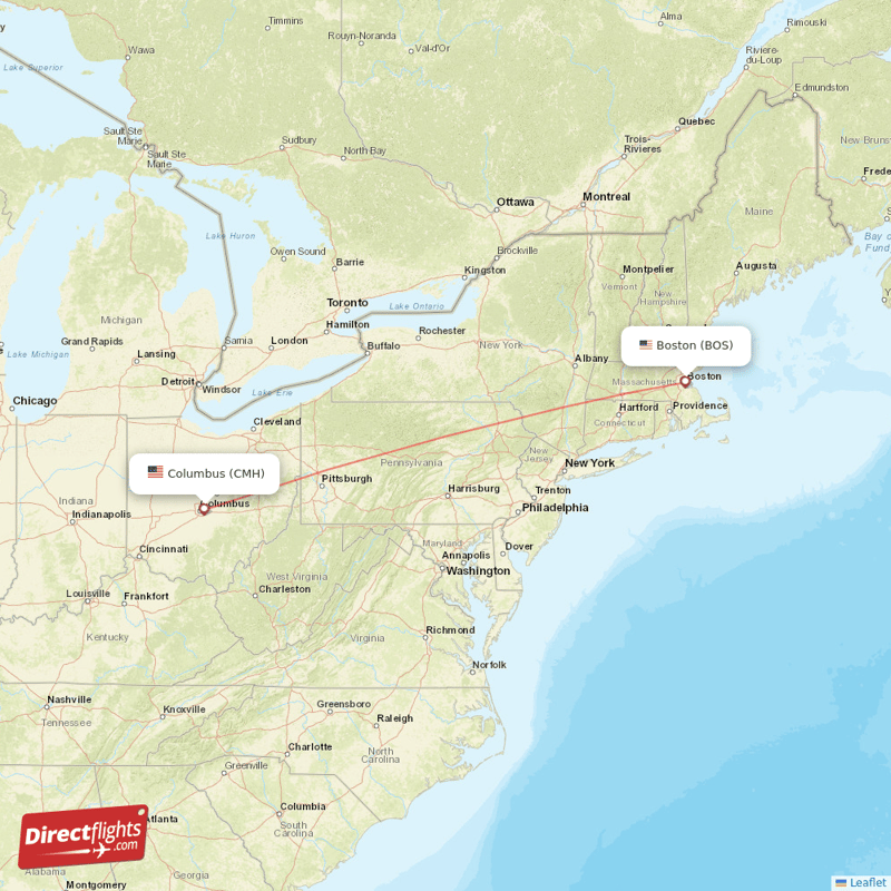 Columbus - Boston direct flight map