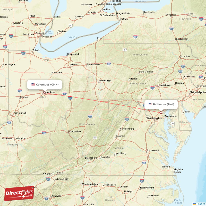 Columbus - Baltimore direct flight map