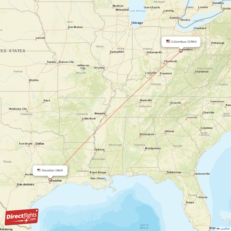 Columbus - Houston direct flight map