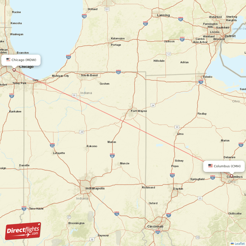 Columbus - Chicago direct flight map