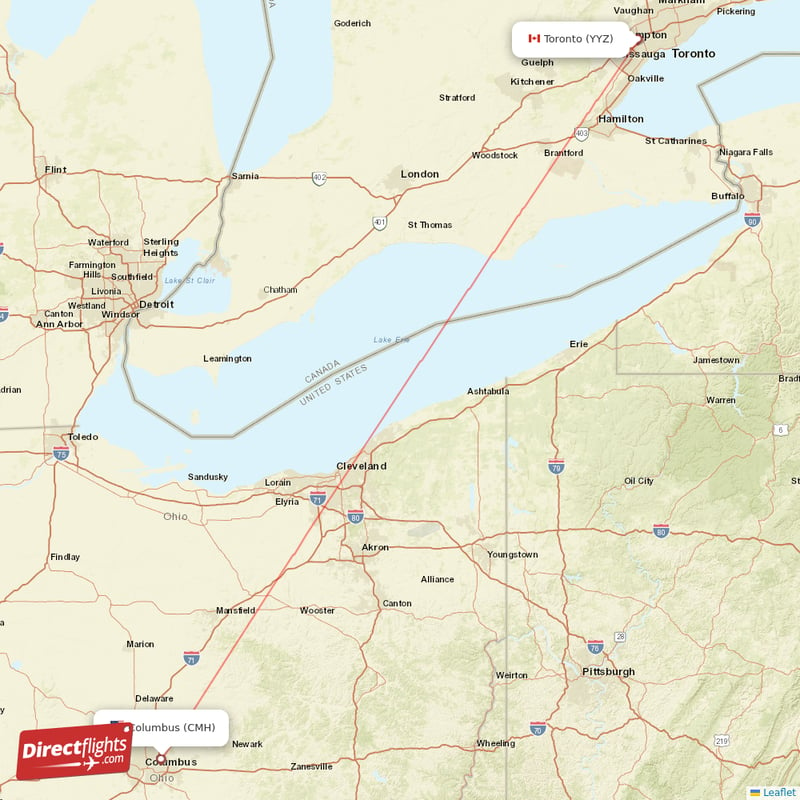 Columbus - Toronto direct flight map