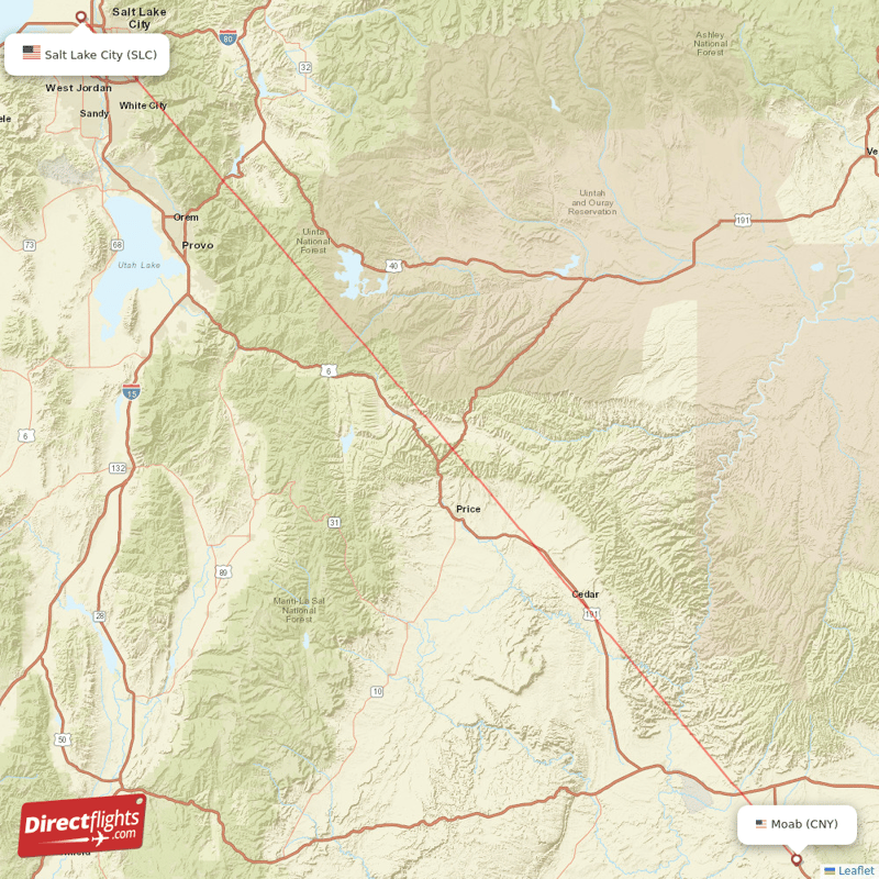 Moab - Salt Lake City direct flight map