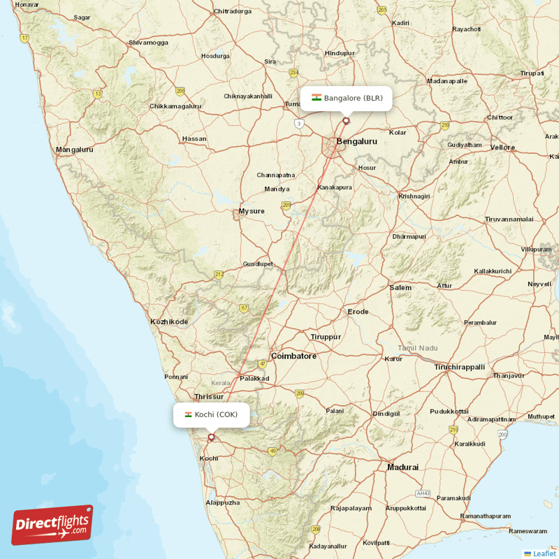 Kochi - Bengaluru direct flight map