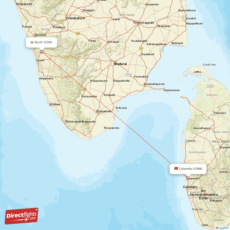 Kochi - Colombo direct flight map