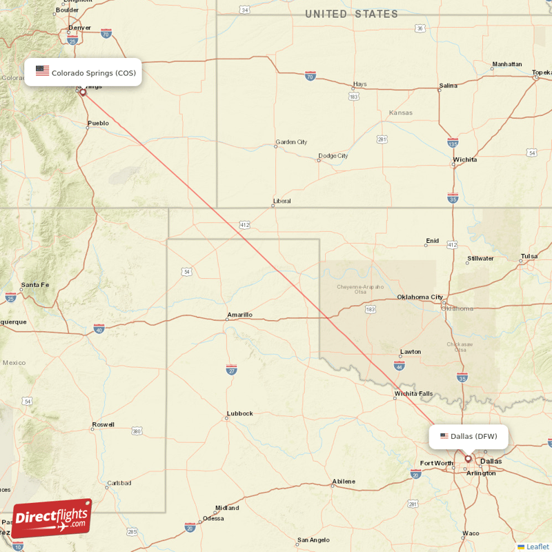 Colorado Springs - Dallas direct flight map