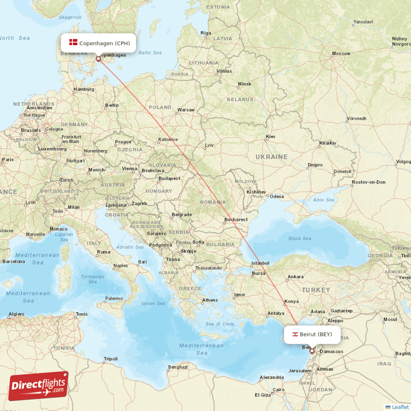Copenhagen - Beirut direct flight map
