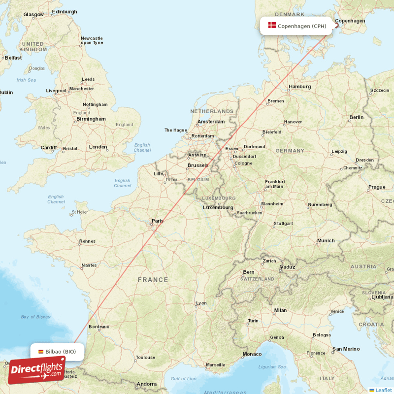 Copenhagen - Bilbao direct flight map