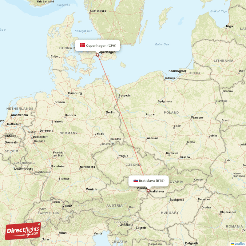 Copenhagen - Bratislava direct flight map