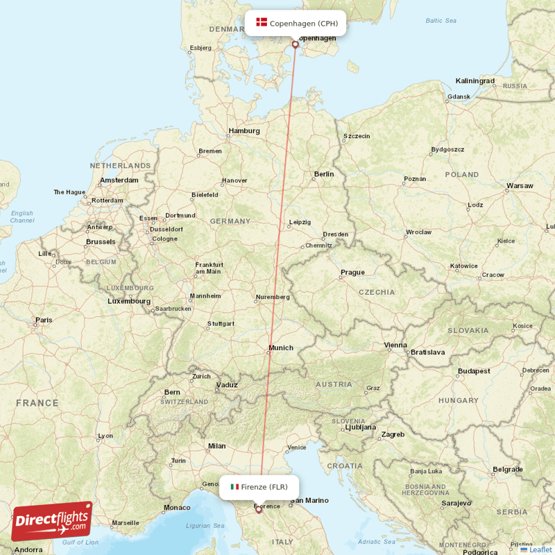 Copenhagen - Florence direct flight map