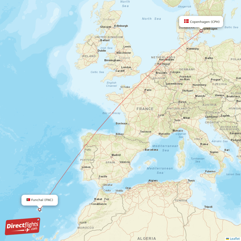 Copenhagen - Funchal direct flight map