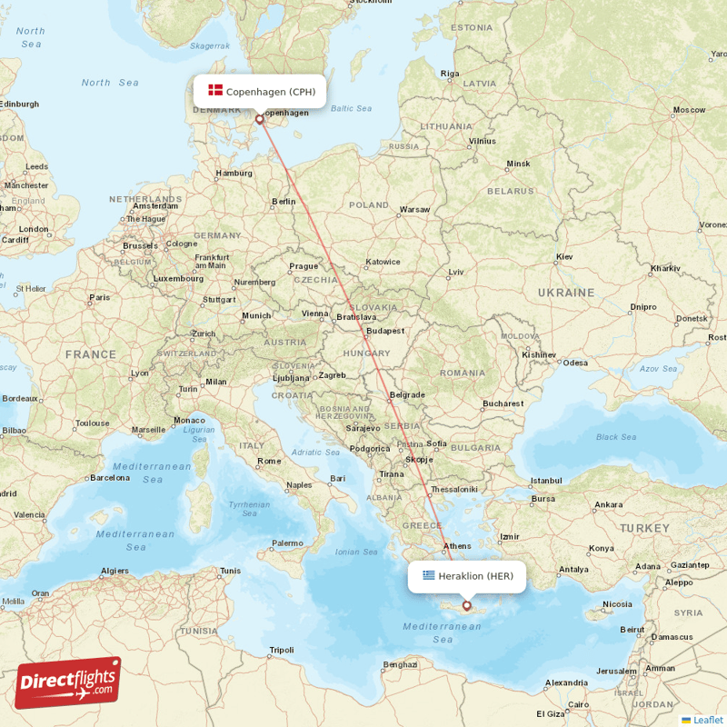 Copenhagen - Heraklion direct flight map