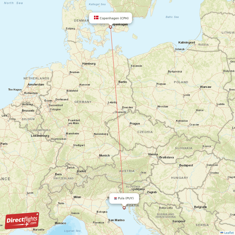 Copenhagen - Pula direct flight map