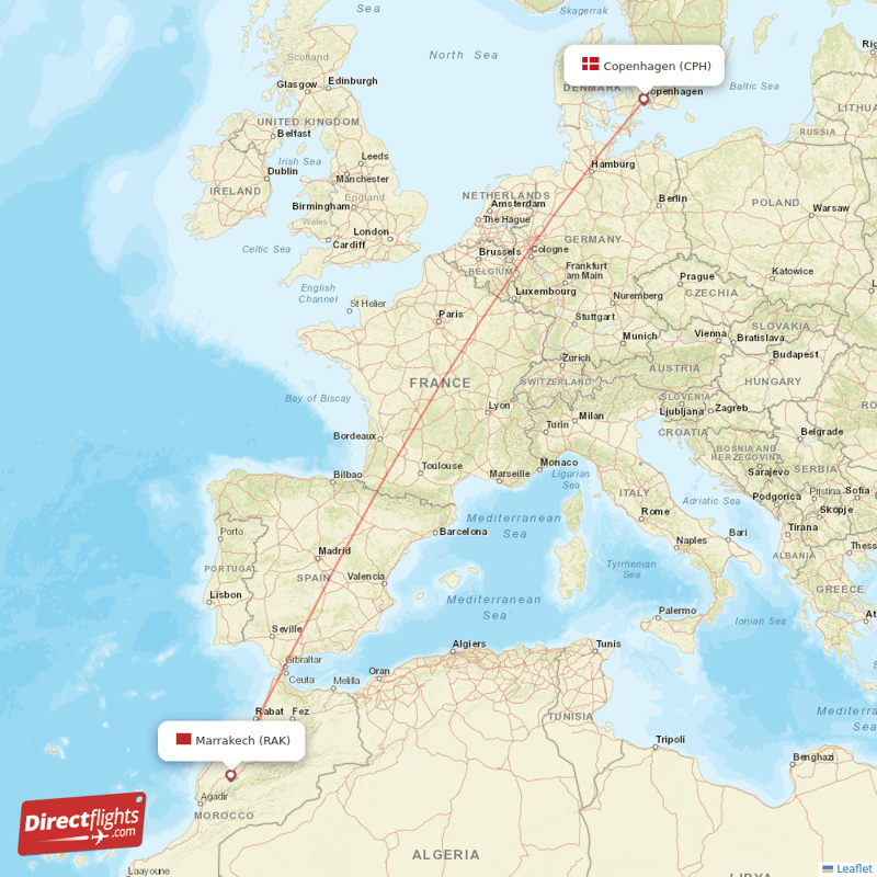 Copenhagen - Marrakech direct flight map