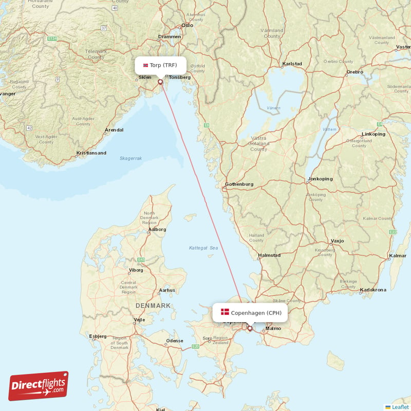 Copenhagen - Sandefjord direct flight map