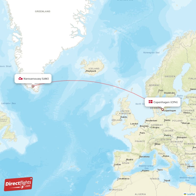 Copenhagen - Narsarsuaq direct flight map