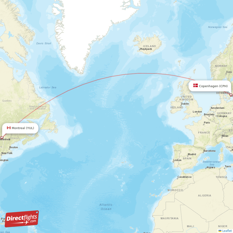 Copenhagen - Montreal direct flight map