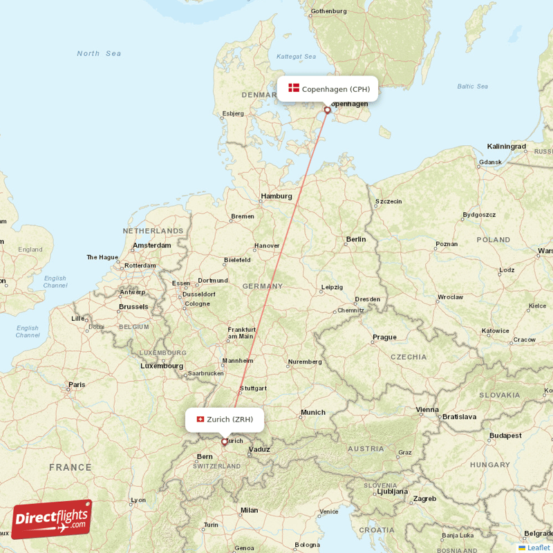 Copenhagen - Zurich direct flight map