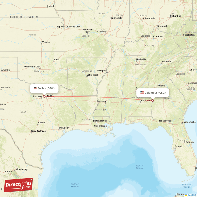 Columbus - Dallas direct flight map