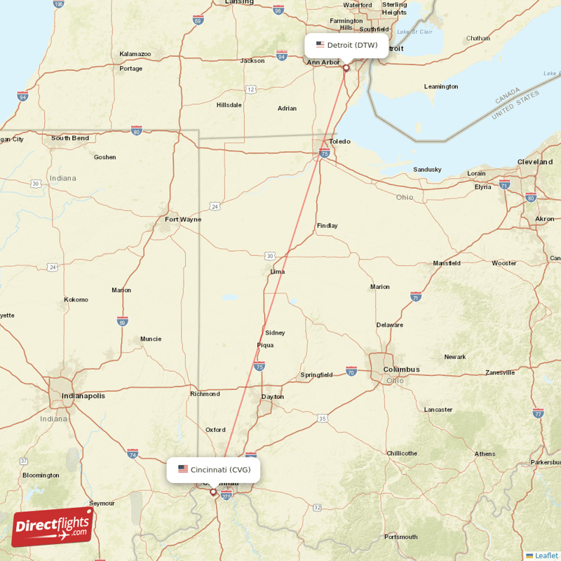 Cincinnati - Detroit direct flight map