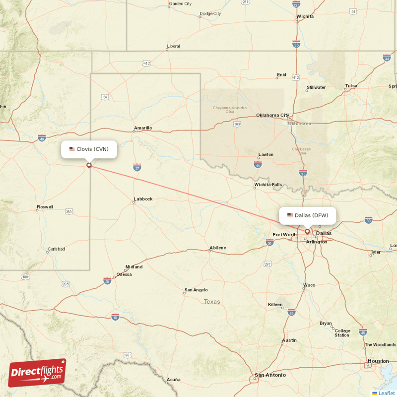 Clovis - Dallas direct flight map