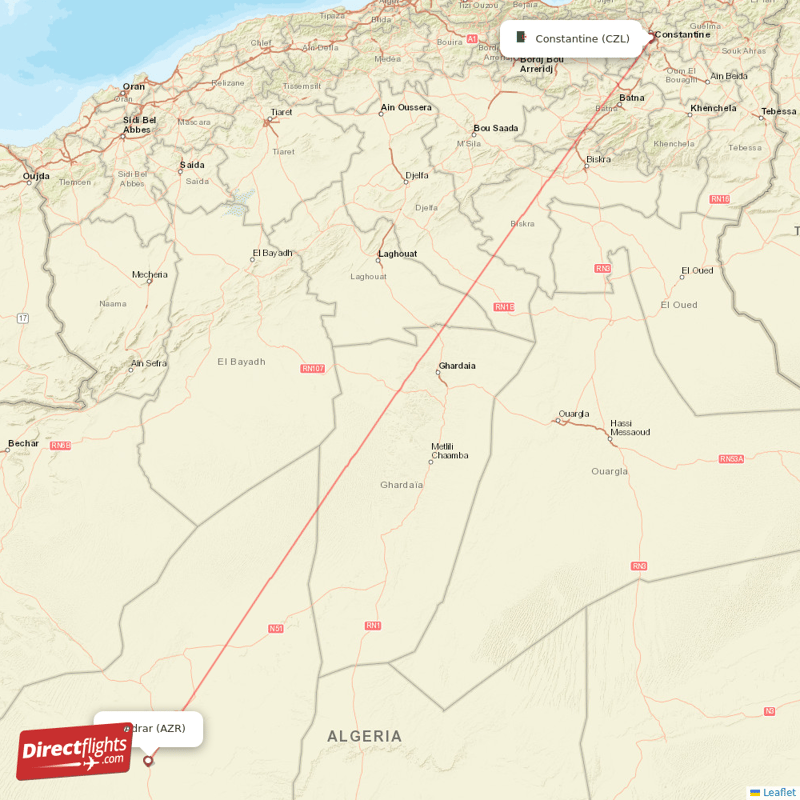 Constantine - Adrar direct flight map