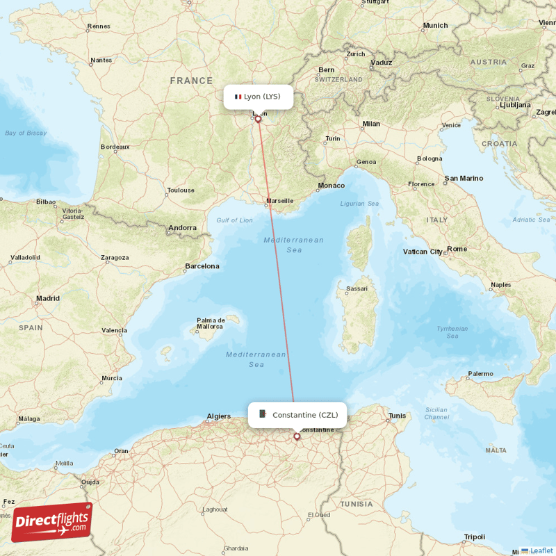Constantine - Lyon direct flight map