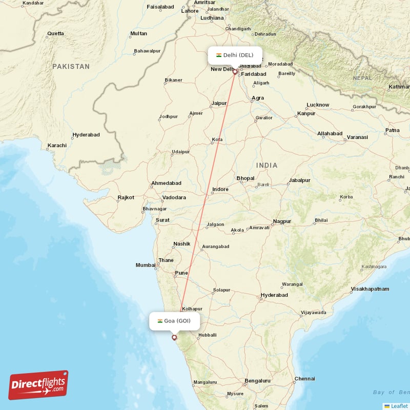 Delhi - Goa direct flight map