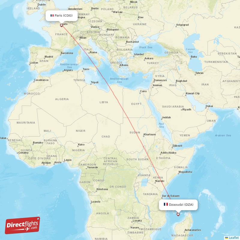 Dzaoudzi - Paris direct flight map