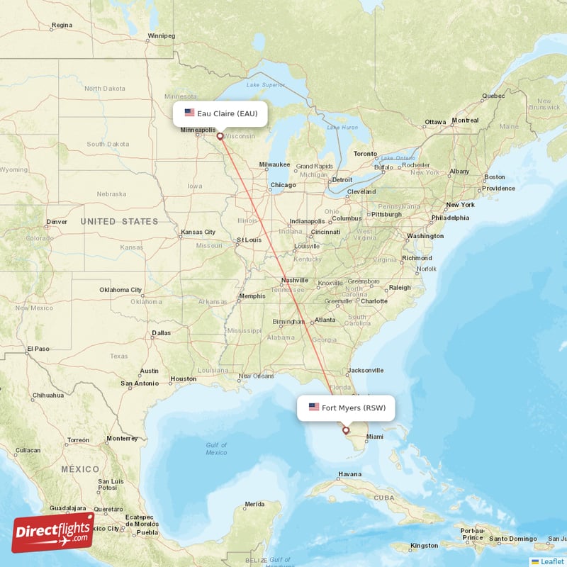 Eau Claire - Fort Myers direct flight map