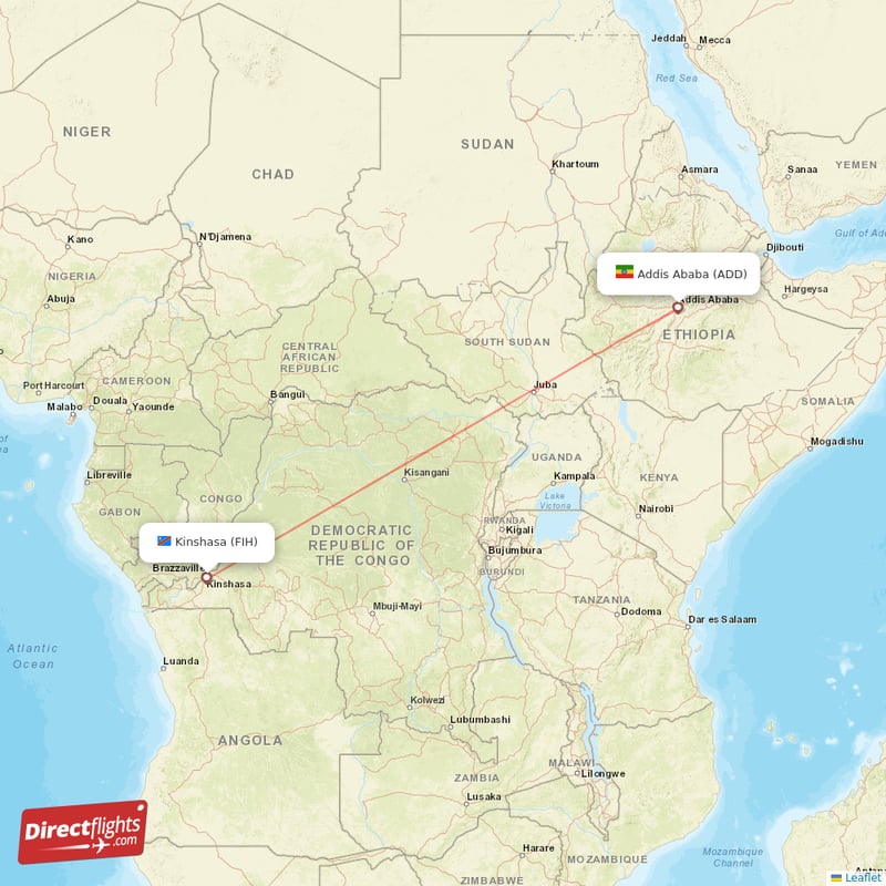 Kinshasa - Addis Ababa direct flight map