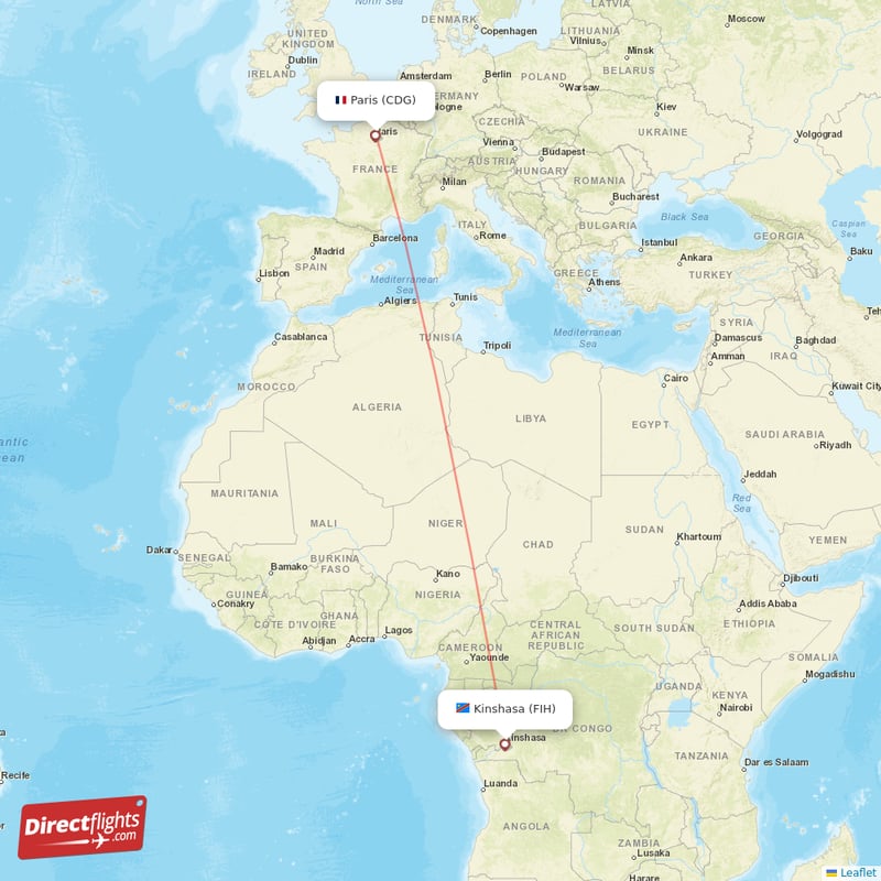 Kinshasa - Paris direct flight map