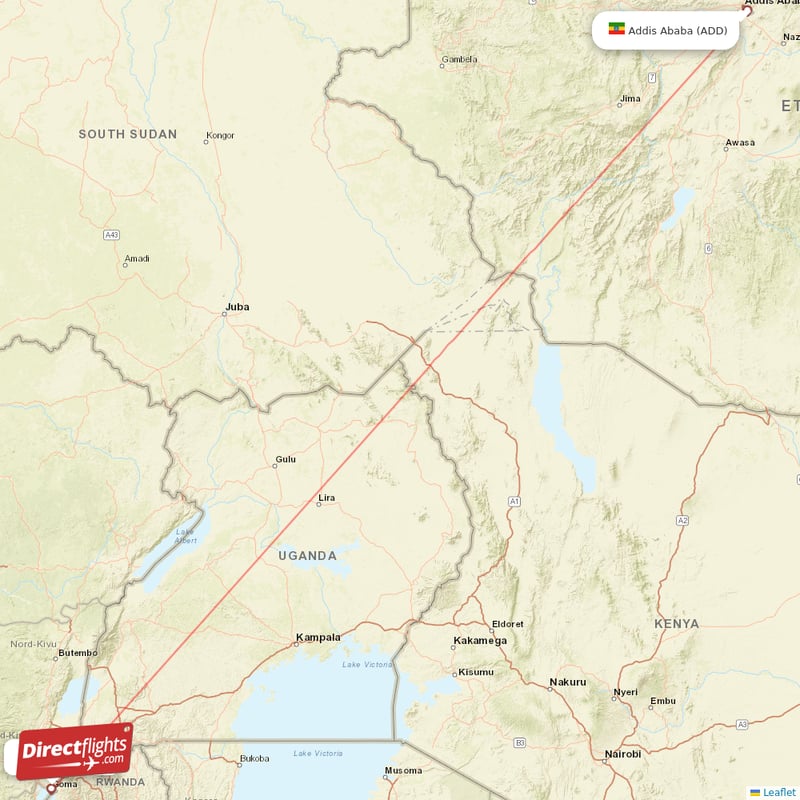 Goma - Addis Ababa direct flight map