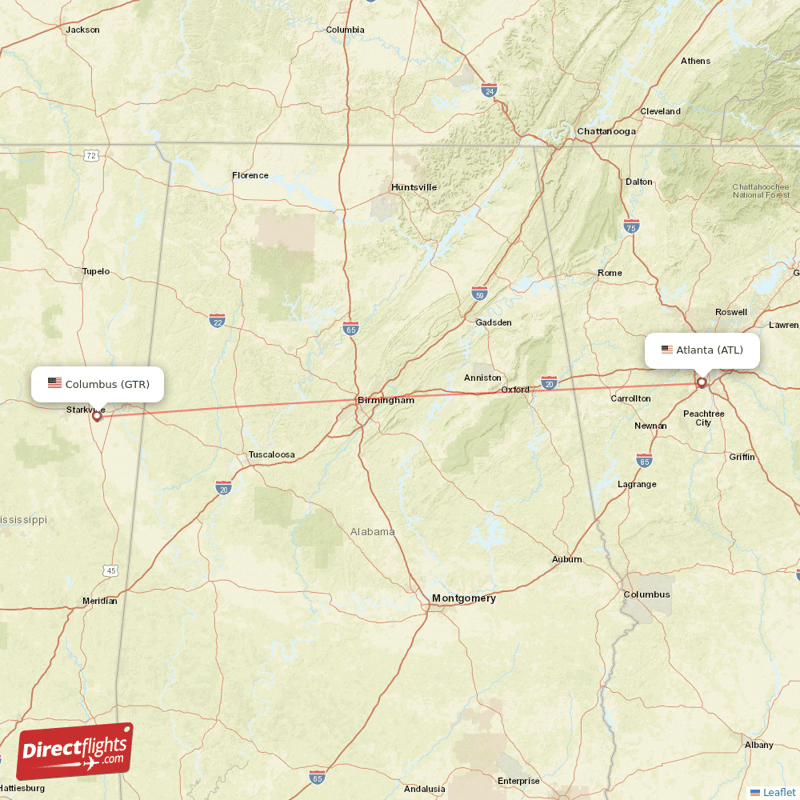 Columbus - Atlanta direct flight map