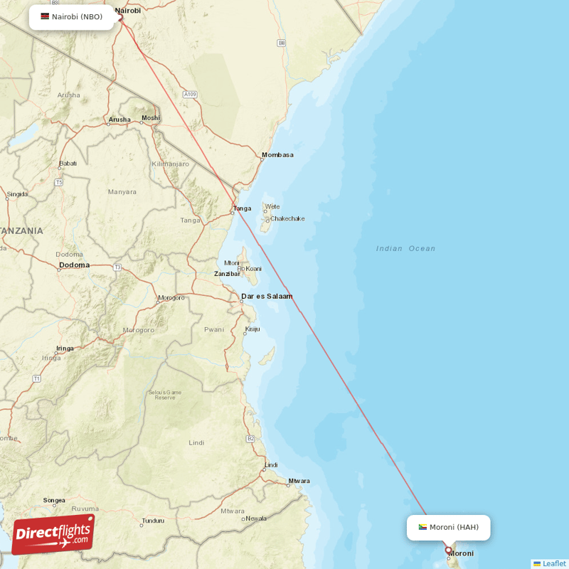 Moroni - Nairobi direct flight map