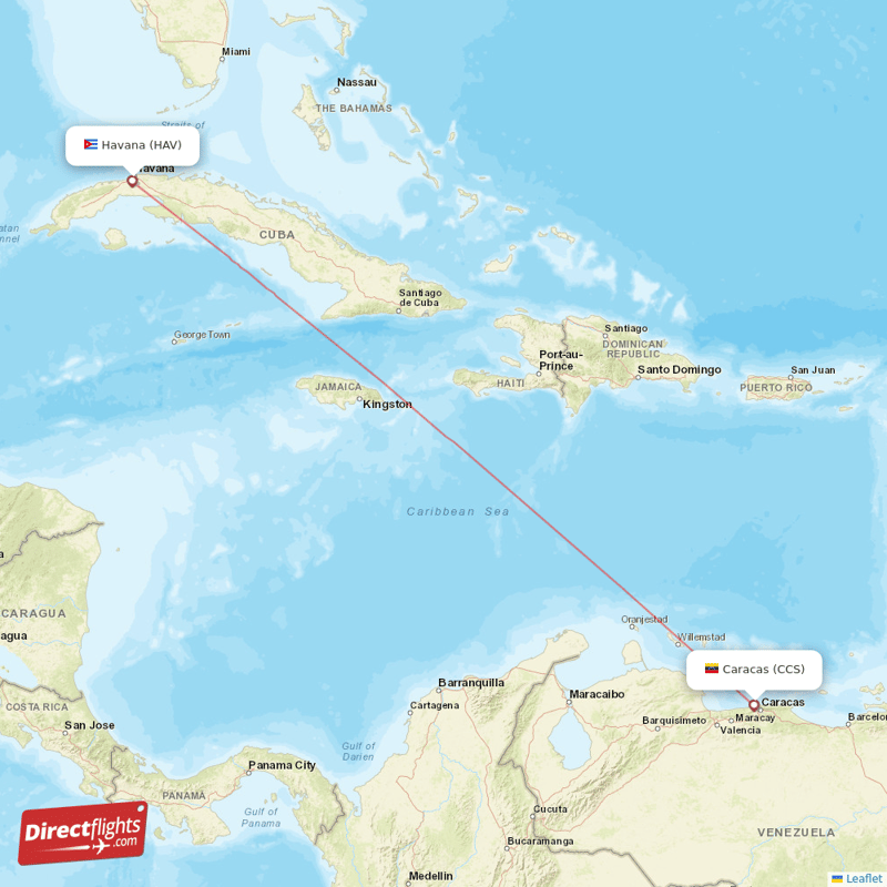 Havana - Caracas direct flight map