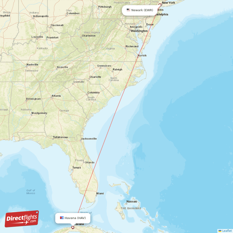 Havana - New York direct flight map