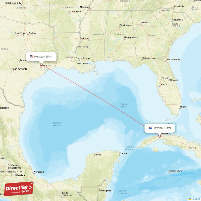 Havana - Houston direct flight map