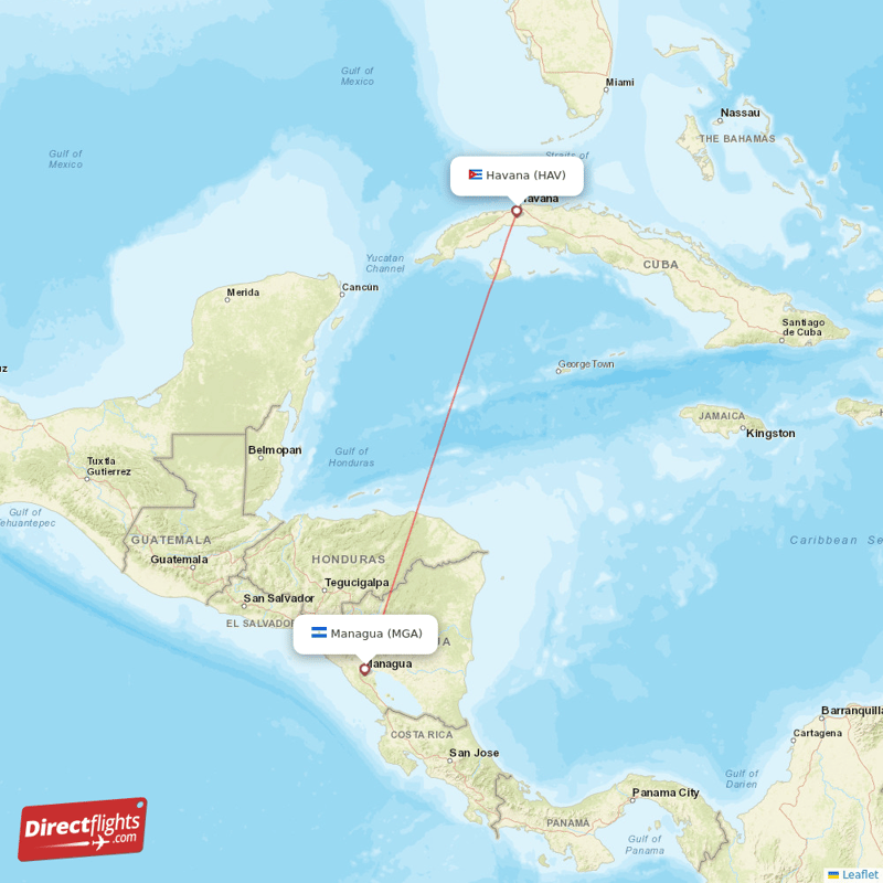 Havana - Managua direct flight map